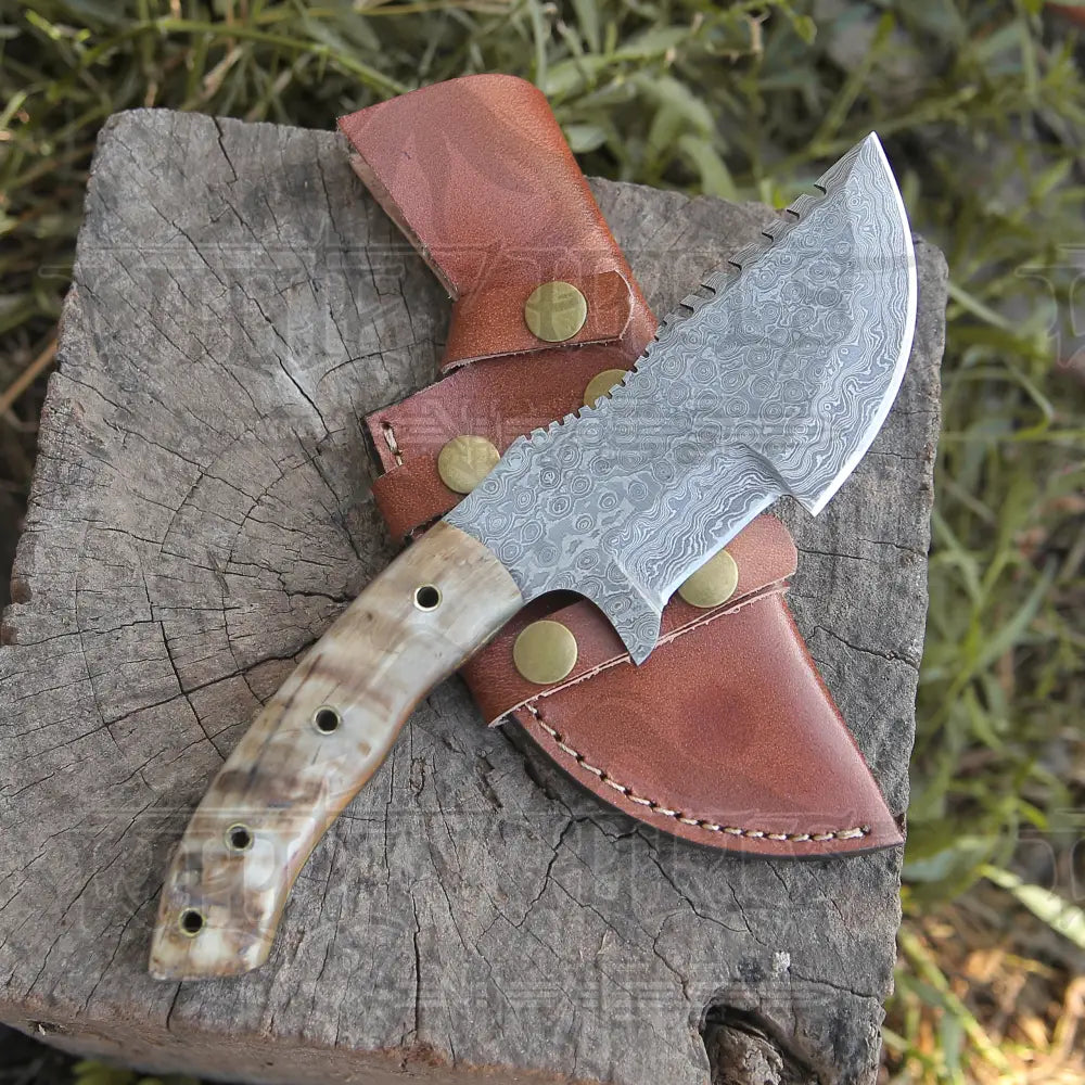 10”Custom Hand Made Forged Damascus Steel Tracker Hunting Camping Knife With Ram Horn Handle WH 3845