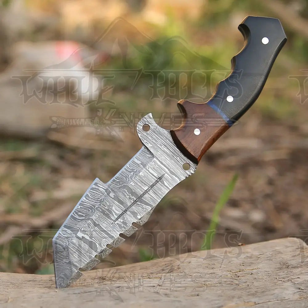 10”Custom Hand Made Forged Damascus Steel Tracker Hunting Camping Knife With Resin & Wood Handle