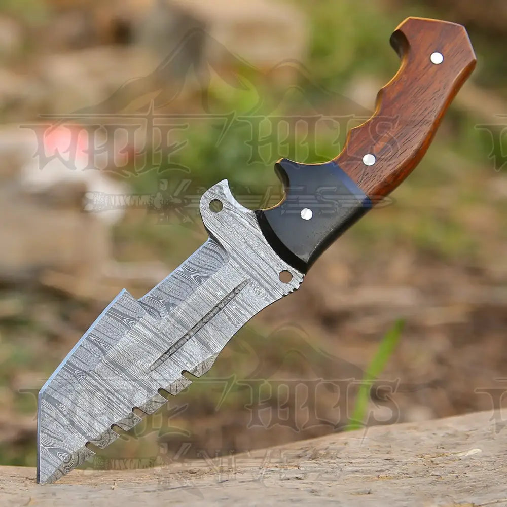 10”Custom Hand Made Forged Damascus Steel Tracker Hunting Camping Knife With Wood & Resin Handle