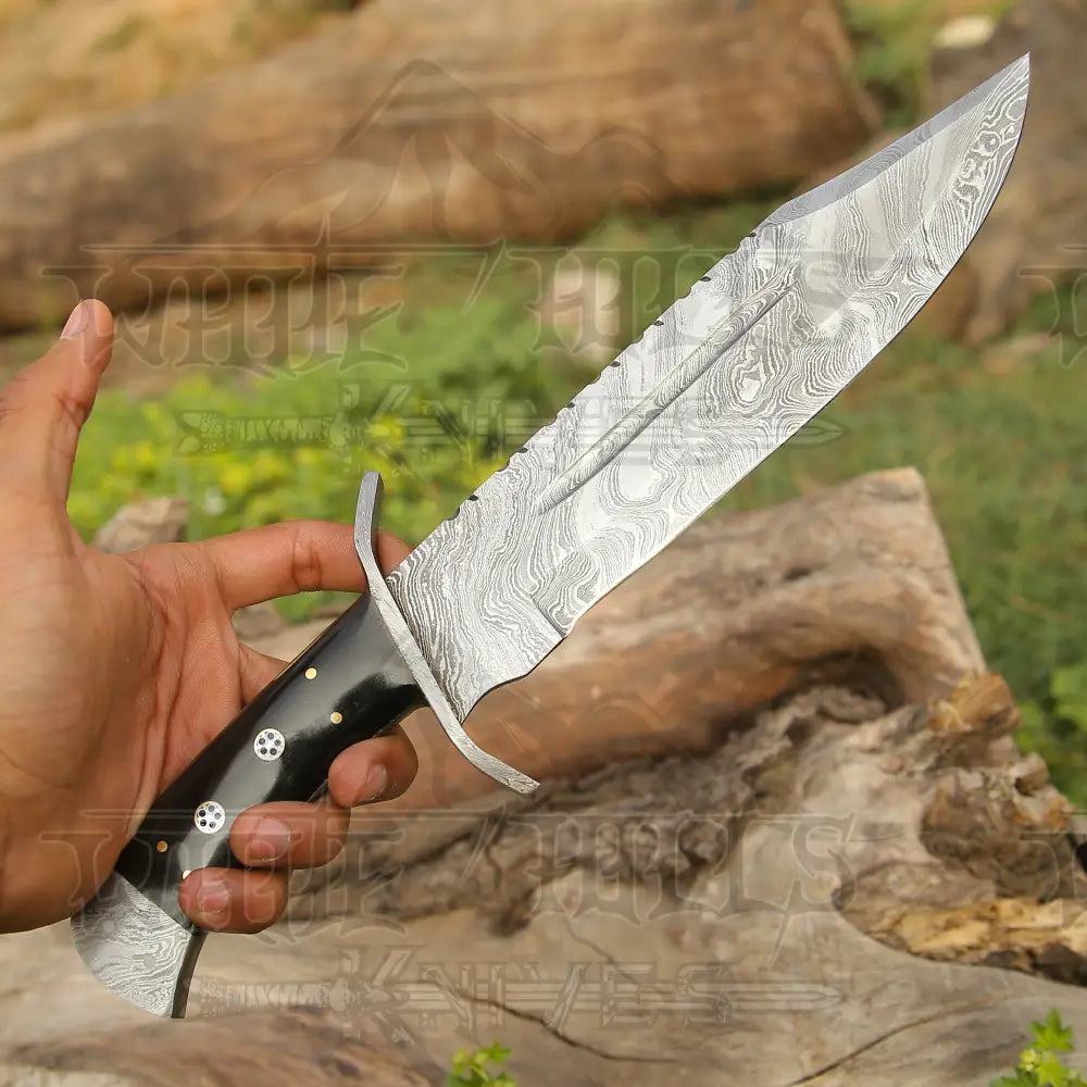 Buffalo Horn Bowie Knife 15" Handmade Damascus Steel- Buffalo Horn Handle