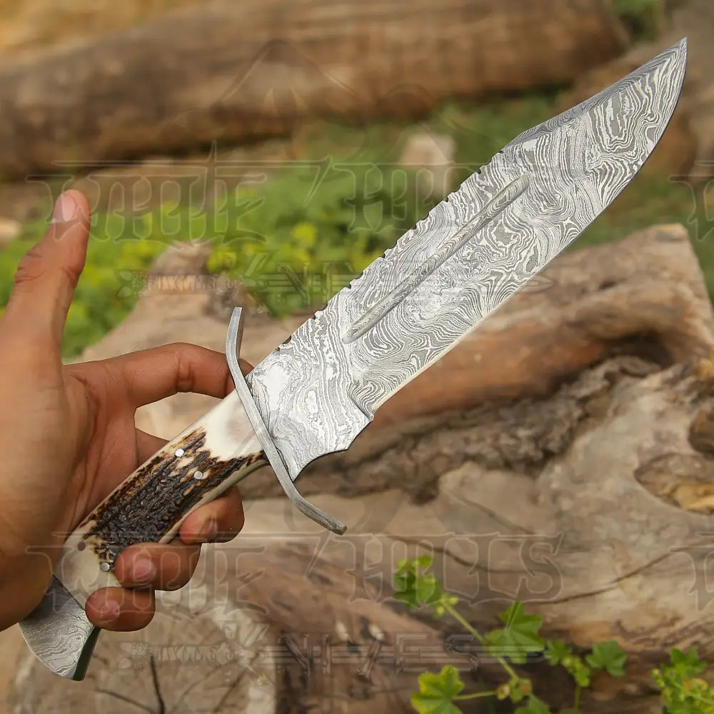 15" Handmade Damascus Steel Bowie Knife- Full Tang - Stag Antler Handle