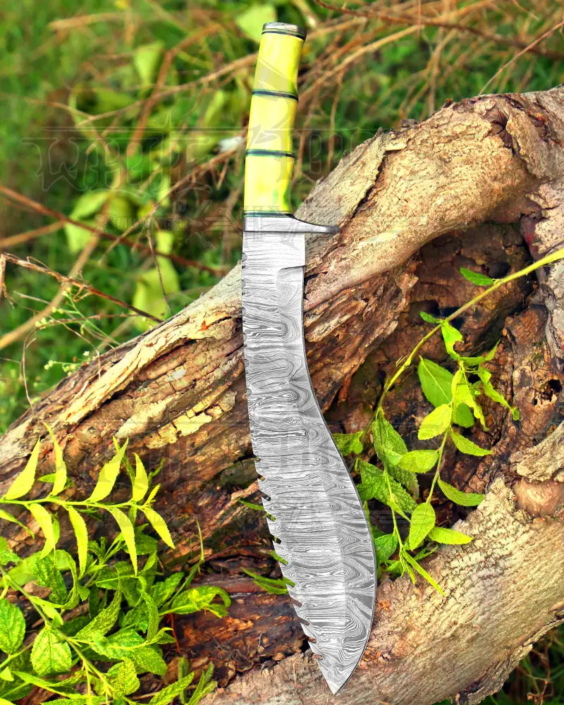 22" Custom Handmade Forged Damascus Steel Survival Hunting Bushcraft Kukri Knife EDC With Camel Bone Handle