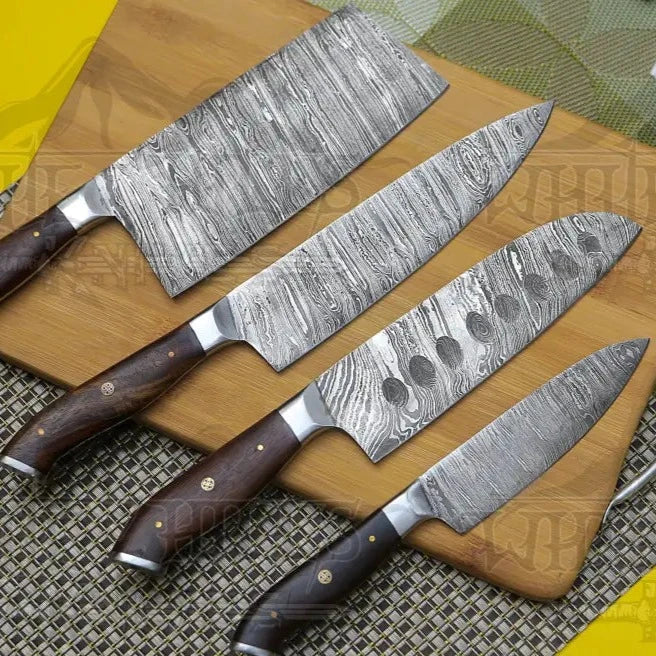 4 Piece Handmade Chef Set, 4 Piece Damascus Steel Knife Set, Kitchen Knife Set with Leather Cover