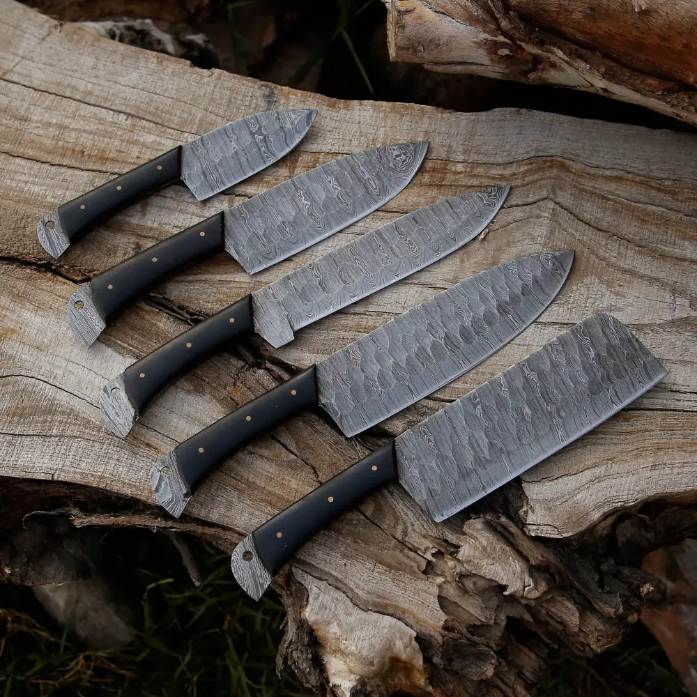 5 Piece Damascus Chef Knife Set - Damascus Steel Chef Knife Set with Leather Roll