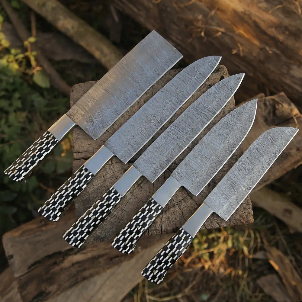 5 Pieces Custom Handmade Damascus Kitchen Knives- Chef Set - 5 Piece Kitchen Knives Set