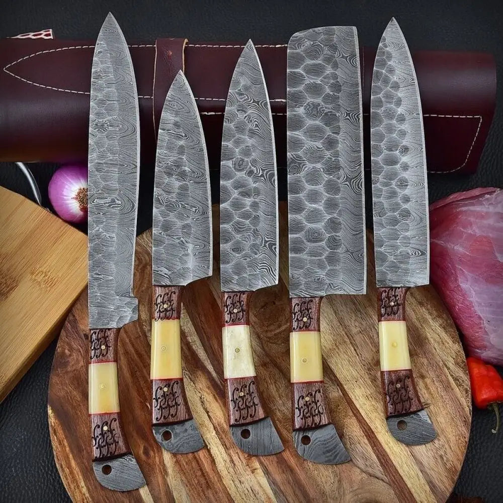 5 Pieces Custom Handmade Damascus Steel Chef Set - 5 Piece Kitchen Knives Set