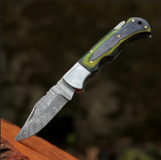 6.5-inch handmade Damascus green pocket knife with a wood handle