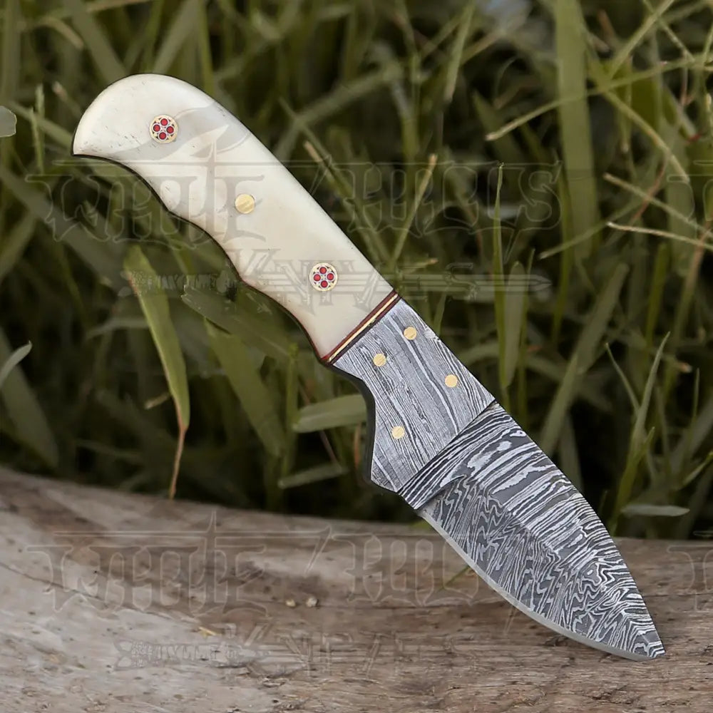 7.25” Hand Forged Damascus Steel Full Tang Skinner Knife - Camel Bone Handle