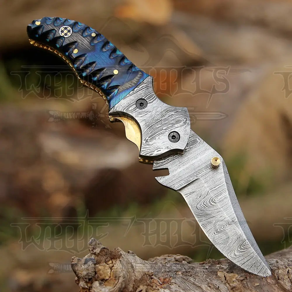 7" Handmade Forged Damascus Pocket Folding Knife - Blue Pakka Wood Handle - Damascus Bolster WH 3531