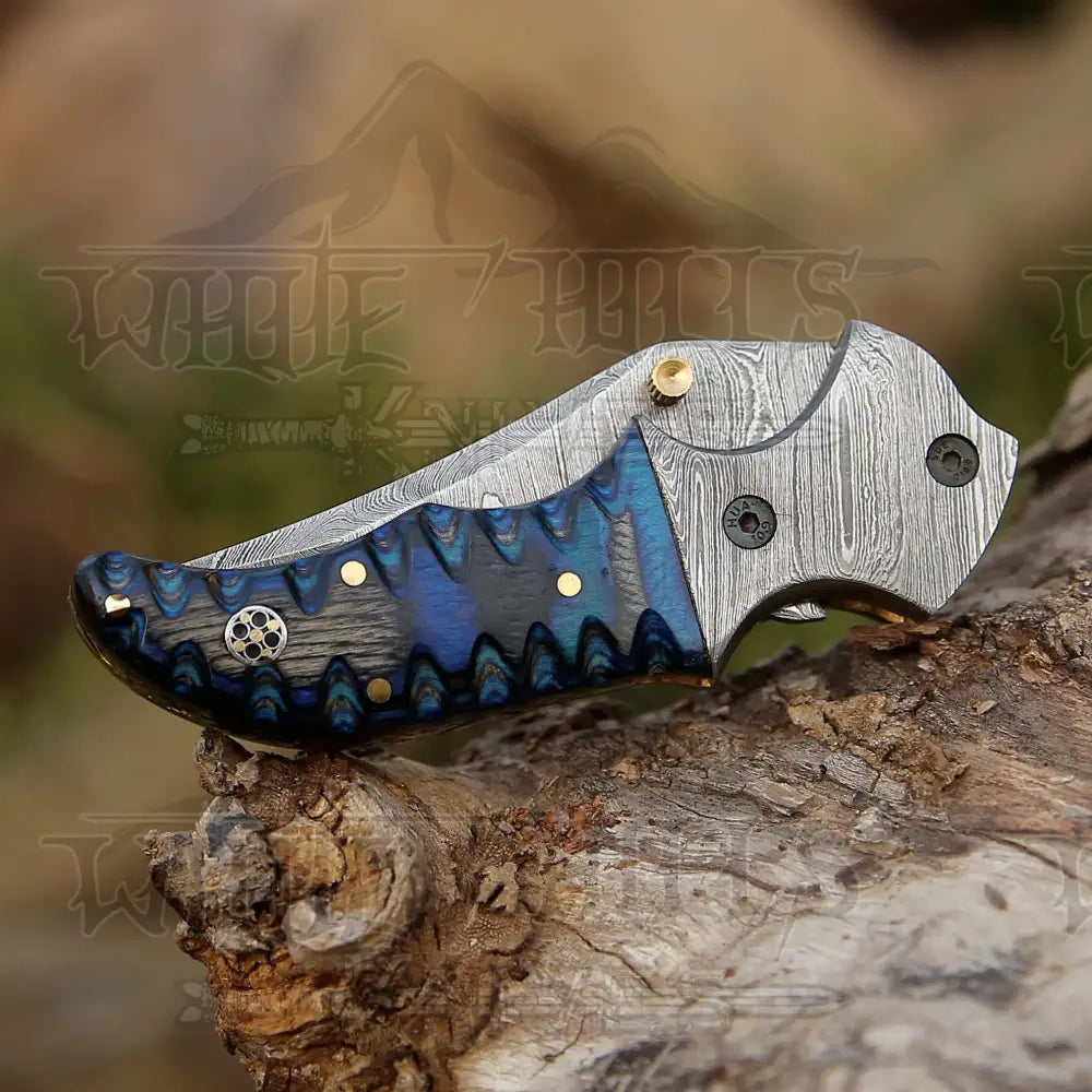 7" Handmade Forged Damascus Pocket Folding Knife - Blue Pakka Wood Handle - Damascus Bolster WH 3531