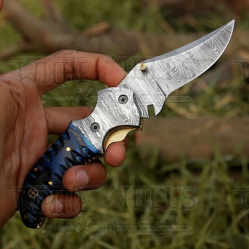 7" Handmade Forged Damascus Pocket Folding Knife - Blue Pakka Wood Handle - Damascus Bolster WH 3531