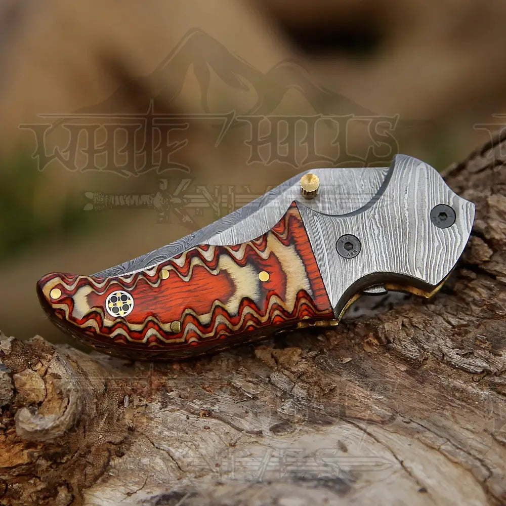 7" Handmade Forged Damascus Hunting Pocket Knife - Orange Pakka Wood Handle - Damascus Bolster WH 3533