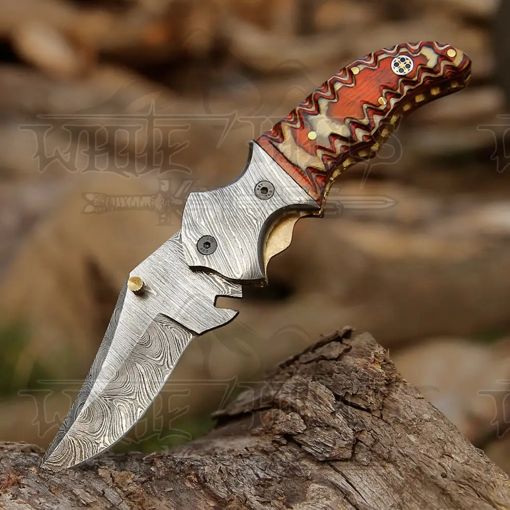 7" Handmade Forged Damascus Hunting Pocket Knife - Orange Pakka Wood Handle - Damascus Bolster WH 3533