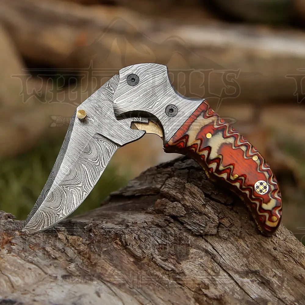 7" Handmade Forged Damascus Hunting Pocket Knife - Orange Pakka Wood Handle - Damascus Bolster WH 3533