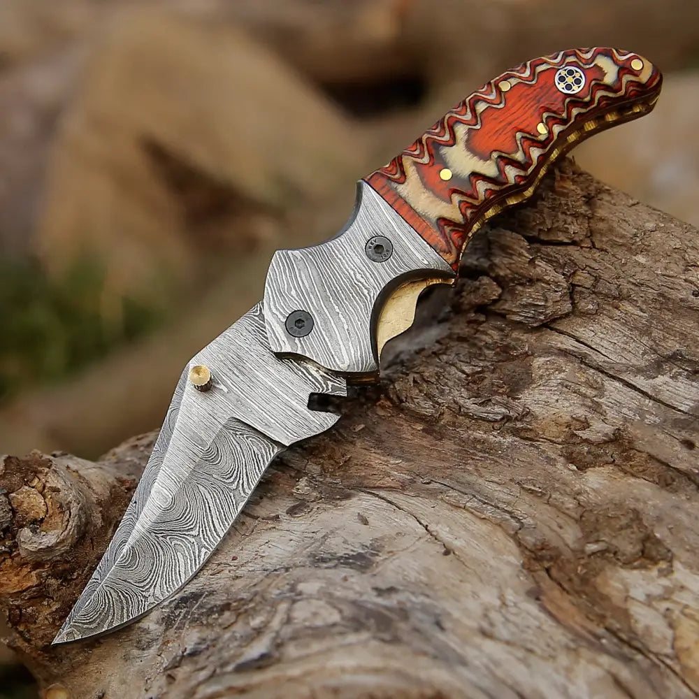 7" Handmade Forged Damascus Hunting Pocket Knife - Orange Pakka Wood Handle - Damascus Bolster WH 3533