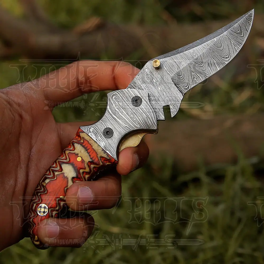 7" Handmade Forged Damascus Hunting Pocket Knife - Orange Pakka Wood Handle - Damascus Bolster WH 3533