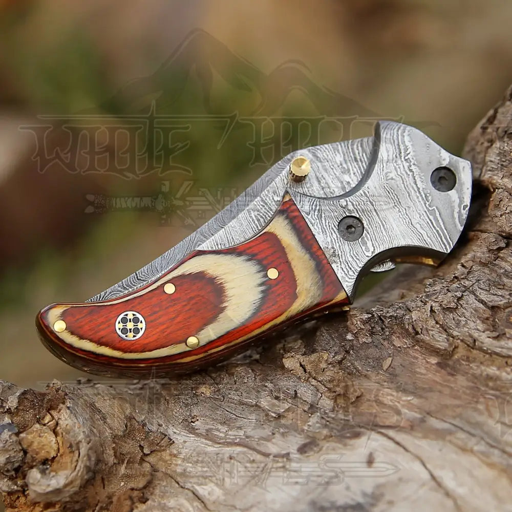 7" Handmade Forged Damascus Pocket Folding Knife - Pakka Wood Handle - Damascus Bolster WH 3535