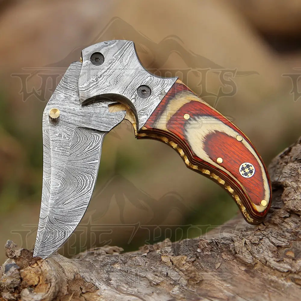 7" Handmade Forged Damascus Pocket Folding Knife - Pakka Wood Handle - Damascus Bolster WH 3535