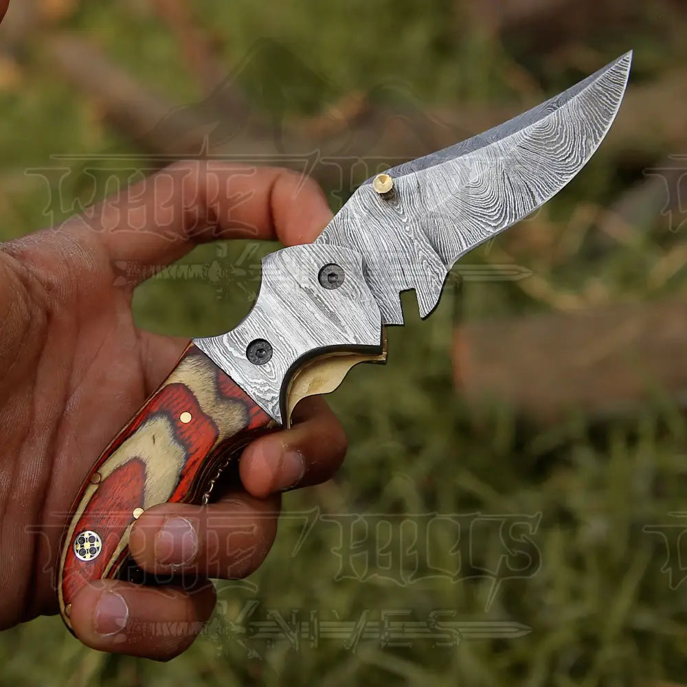 7" Handmade Forged Damascus Pocket Folding Knife - Pakka Wood Handle - Damascus Bolster WH 3535