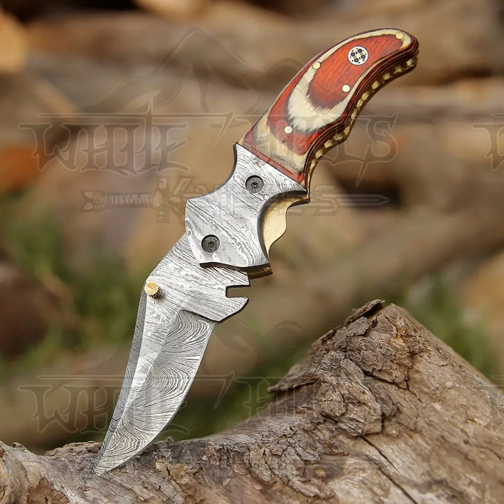 7" Handmade Forged Damascus Pocket Folding Knife - Pakka Wood Handle - Damascus Bolster WH 3535