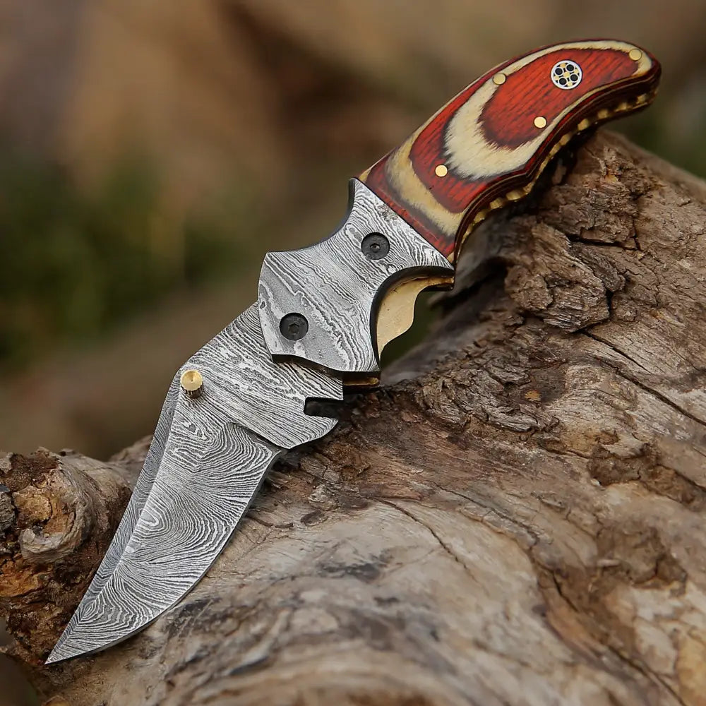 Wood Handle Pocket Knife with Damascus Bolster WH 3535