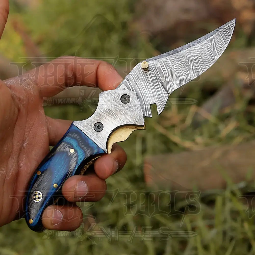 Fancy Folding Knife with Damascus Wood Handle & Bolster WH 3538"