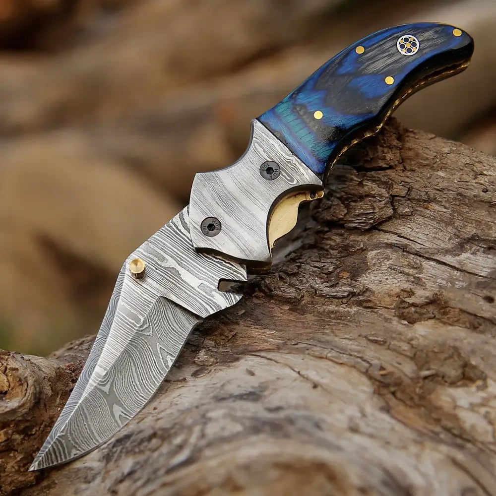 Fancy Folding Knife with Damascus Wood Handle & Bolster WH 3538"