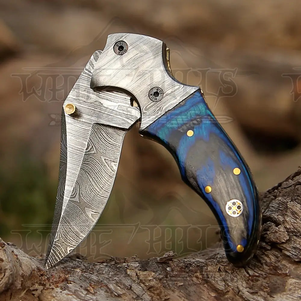 Fancy Folding Knife with Damascus Wood Handle & Bolster WH 3538"