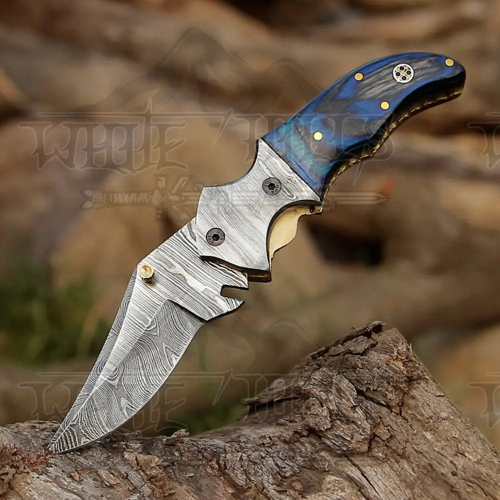 Fancy Folding Knife with Damascus Wood Handle & Bolster WH 3538"