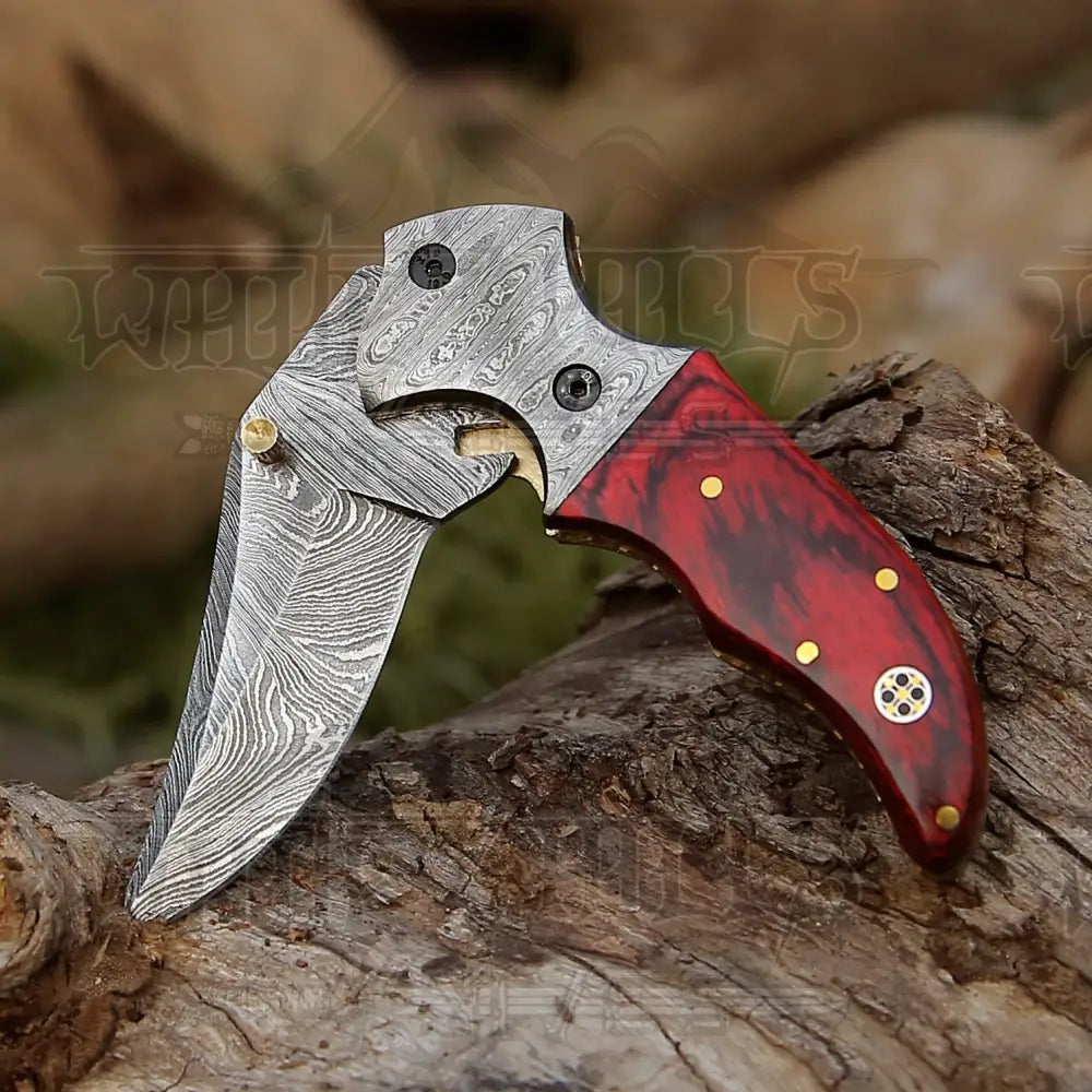 7" Handmade Forged Damascus Pocket Folding Knife - Pakka Wood Handle - Damascus Bolster WH 3538