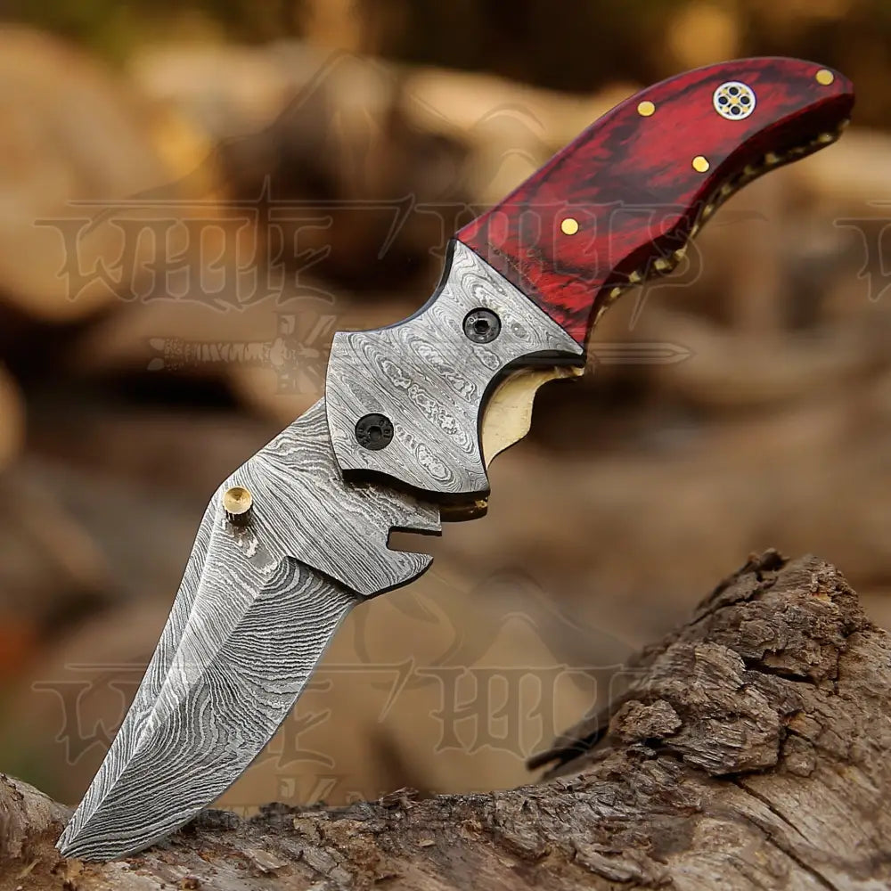 7" Handmade Forged Damascus Pocket Folding Knife - Pakka Wood Handle - Damascus Bolster WH 3538