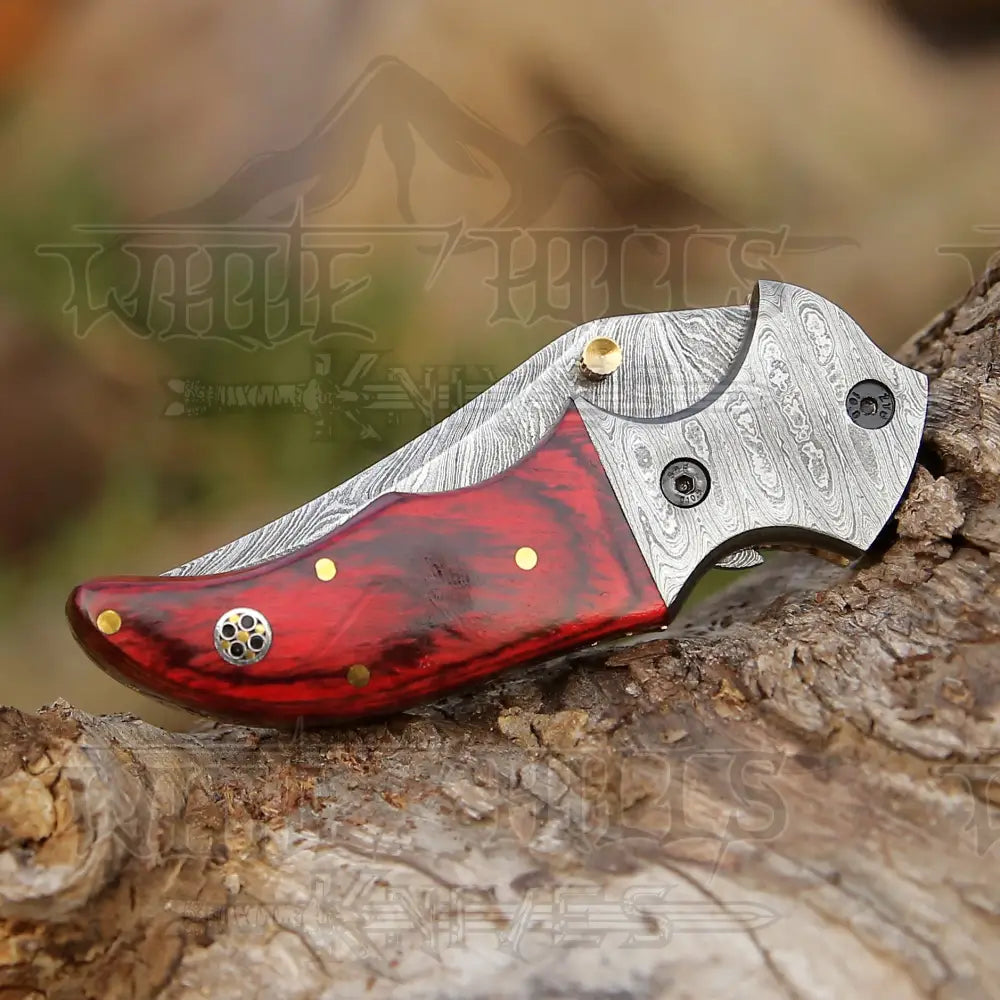 7" Handmade Forged Damascus Pocket Folding Knife - Pakka Wood Handle - Damascus Bolster WH 3538