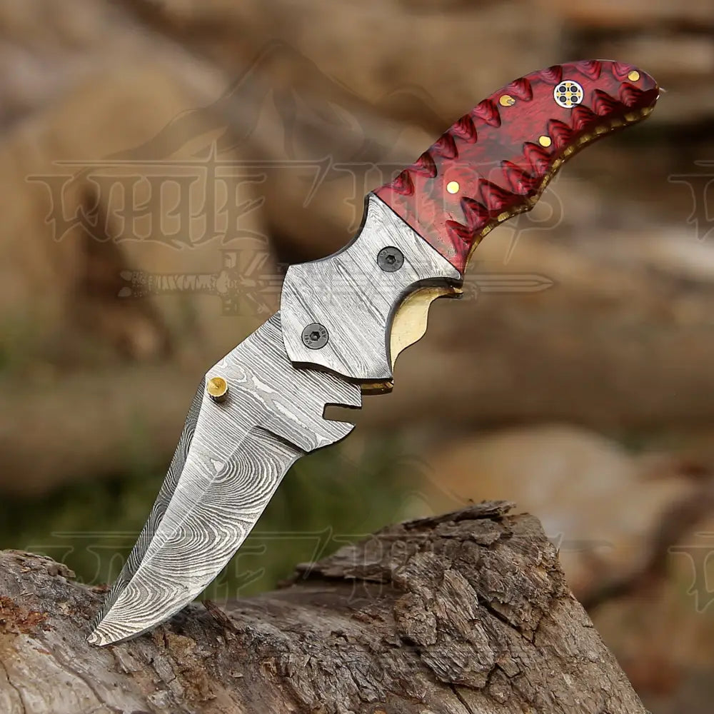 7" Handmade Damascus Pocket Folding Knife - Red Pakka Wood Handle - Damascus Bolster WH 3534