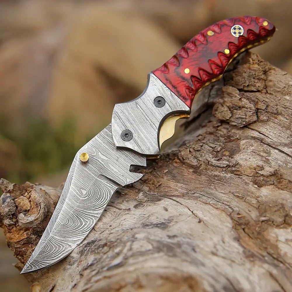 7" Handmade Damascus Pocket Folding Knife - Red Pakka Wood Handle - Damascus Bolster WH 3534