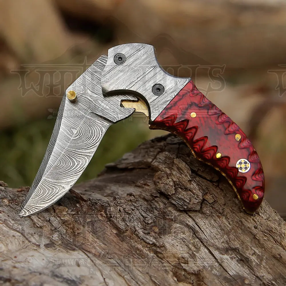 7" Handmade Damascus Pocket Folding Knife - Red Pakka Wood Handle - Damascus Bolster WH 3534