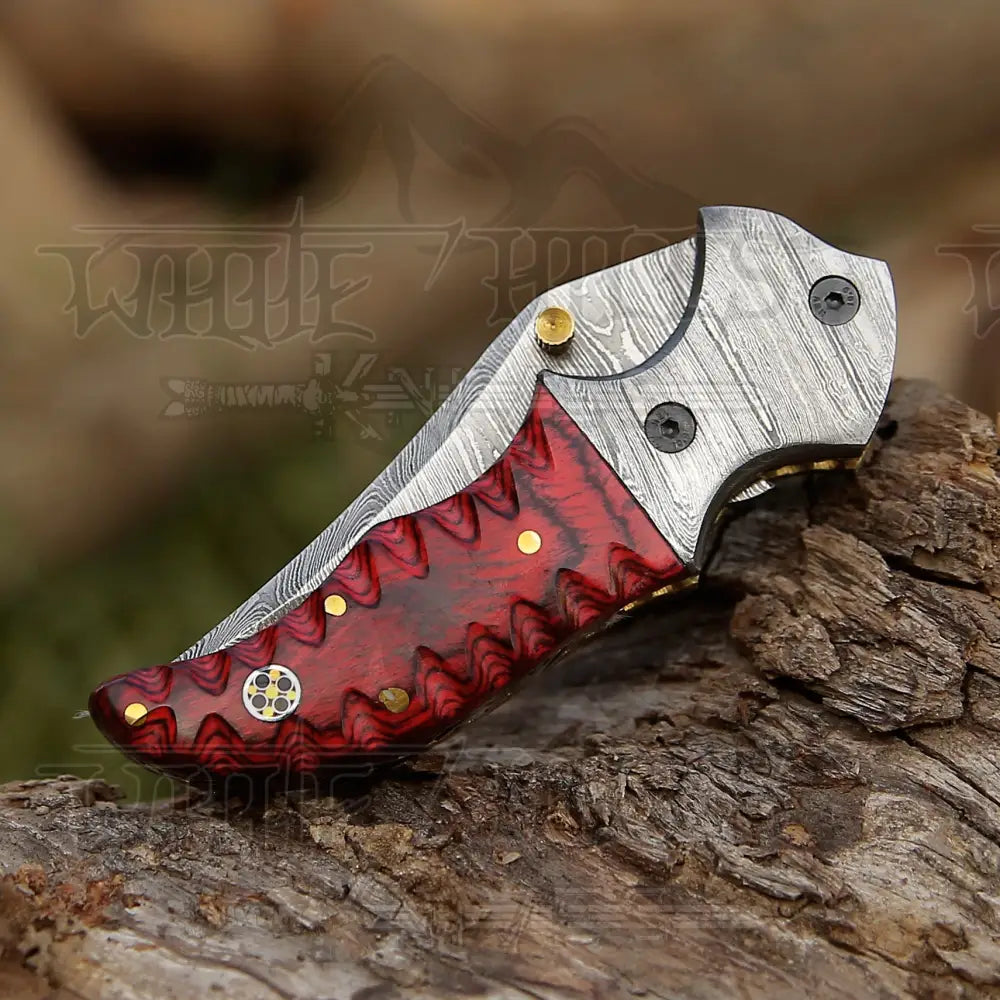 7" Handmade Damascus Pocket Folding Knife - Red Pakka Wood Handle - Damascus Bolster WH 3534