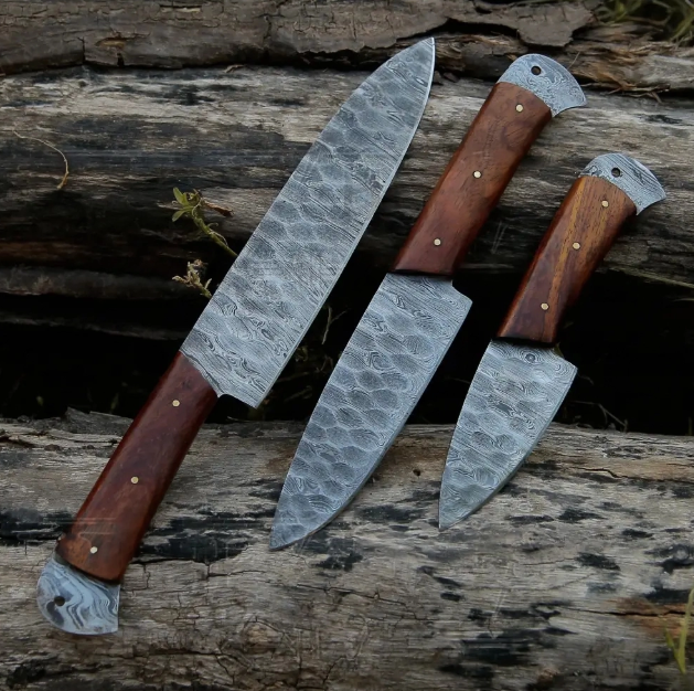 Damascus 3 Piece Chef Knife Set & Leather Roll
