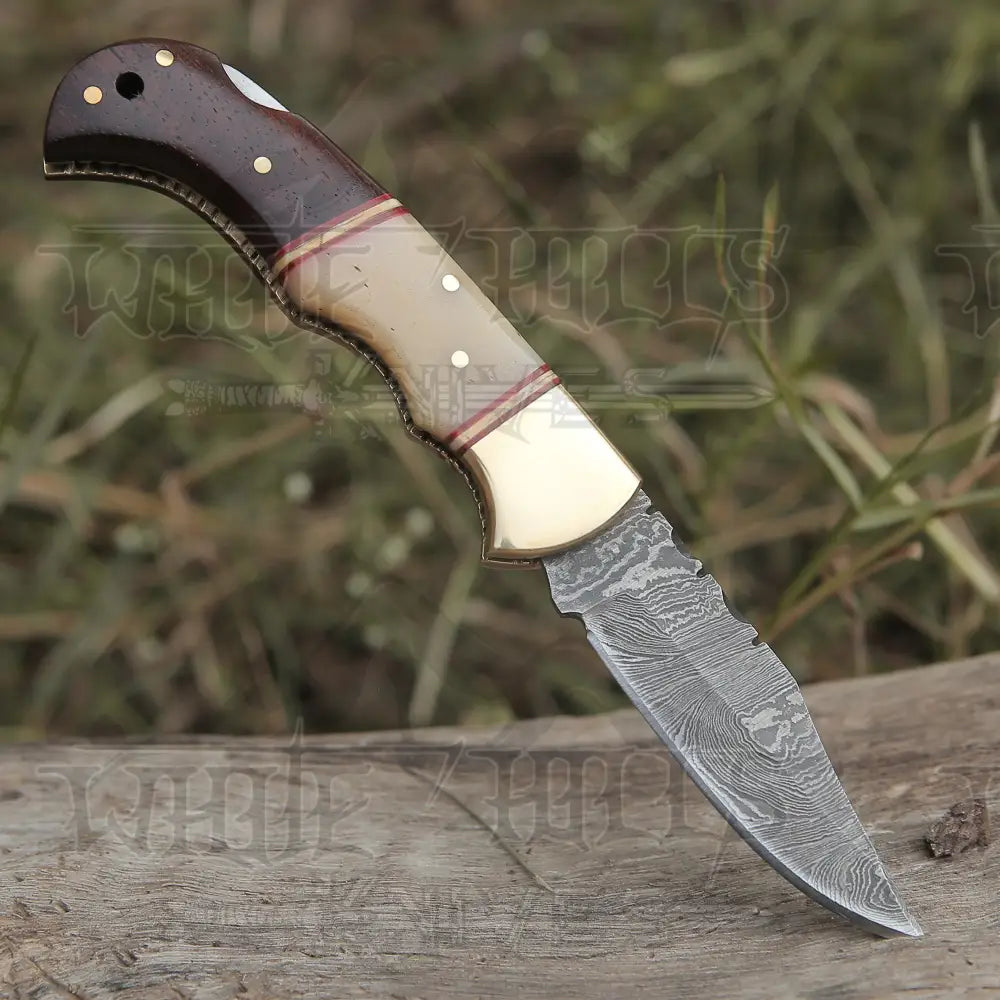 Custom Hand Forged Damascus Steel Folding Knife W/ Rose Wood & Bone Handle WH 1280