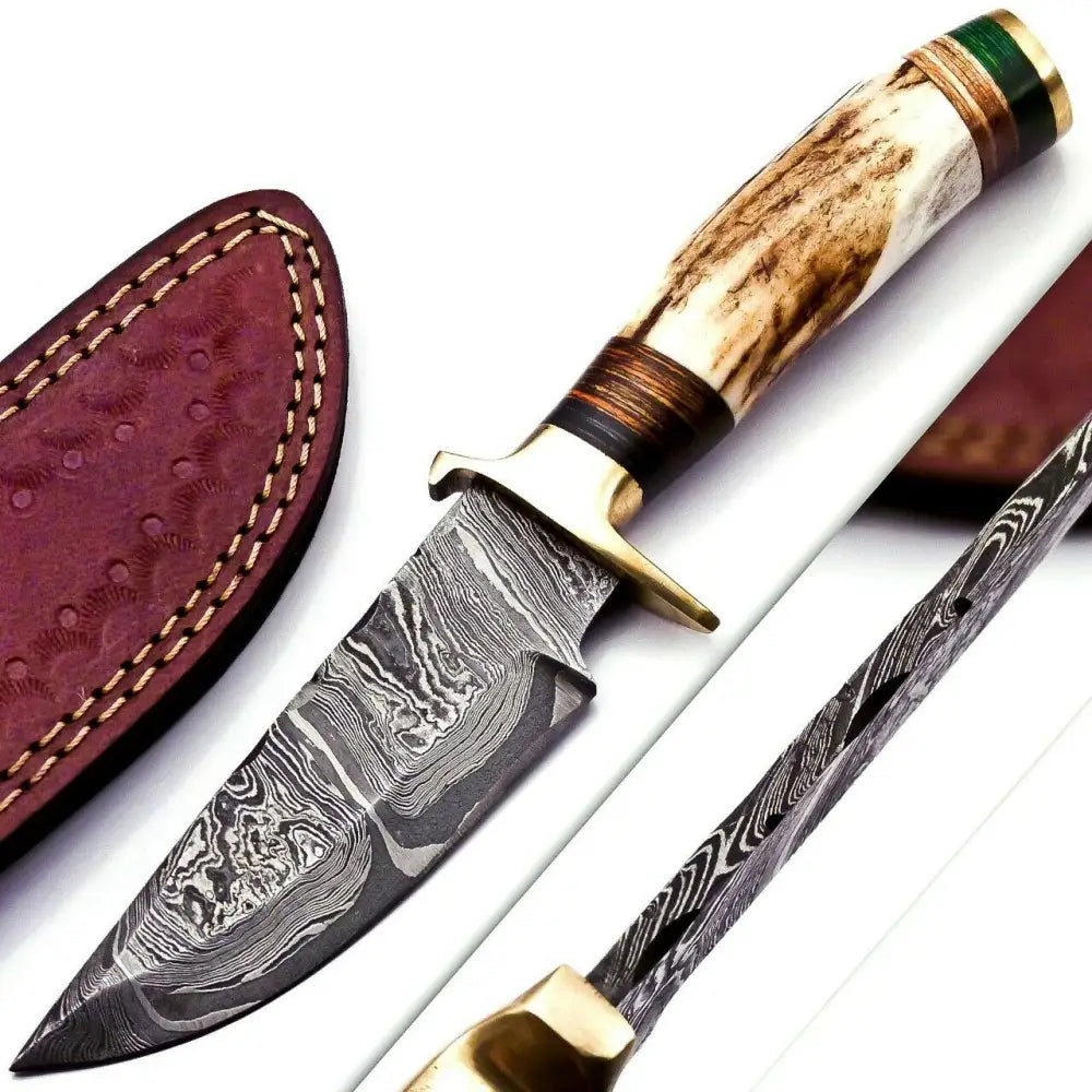 Custom Hand Forged Damascus Steel Hunting Brass Guard Knife& Stag Handle WH 57