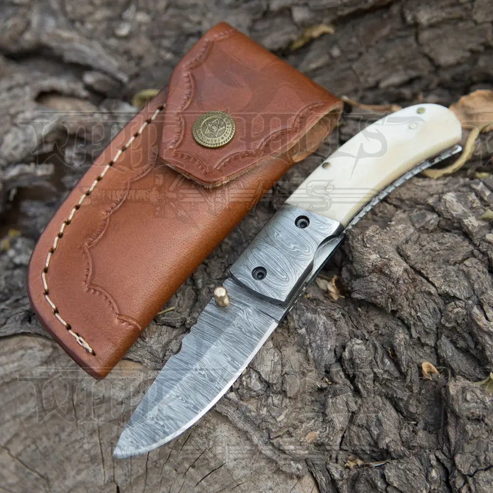 Custom Hand Forged Damascus Steel Camping Folding Knife With Damascus Bolster And Camel Bone Handle WH 3536