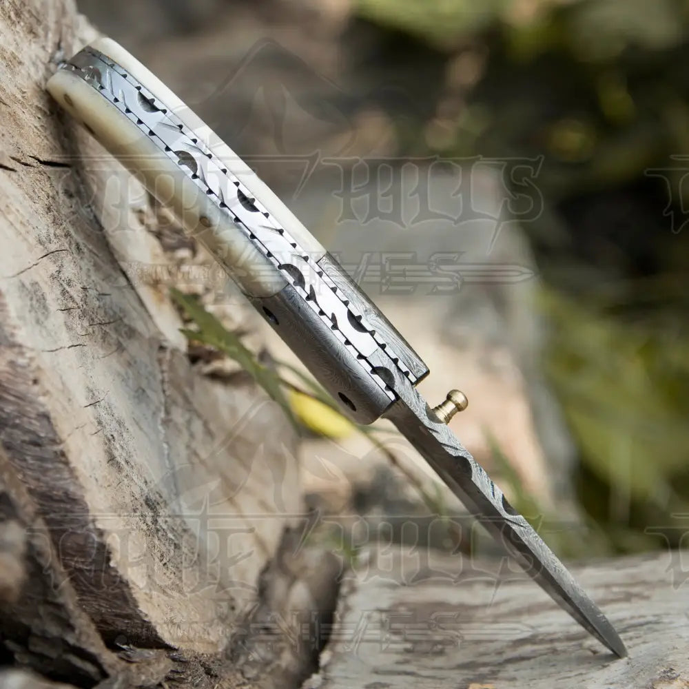 Custom Hand Forged Damascus Steel Camping Folding Knife With Damascus Bolster And Camel Bone Handle WH 3536