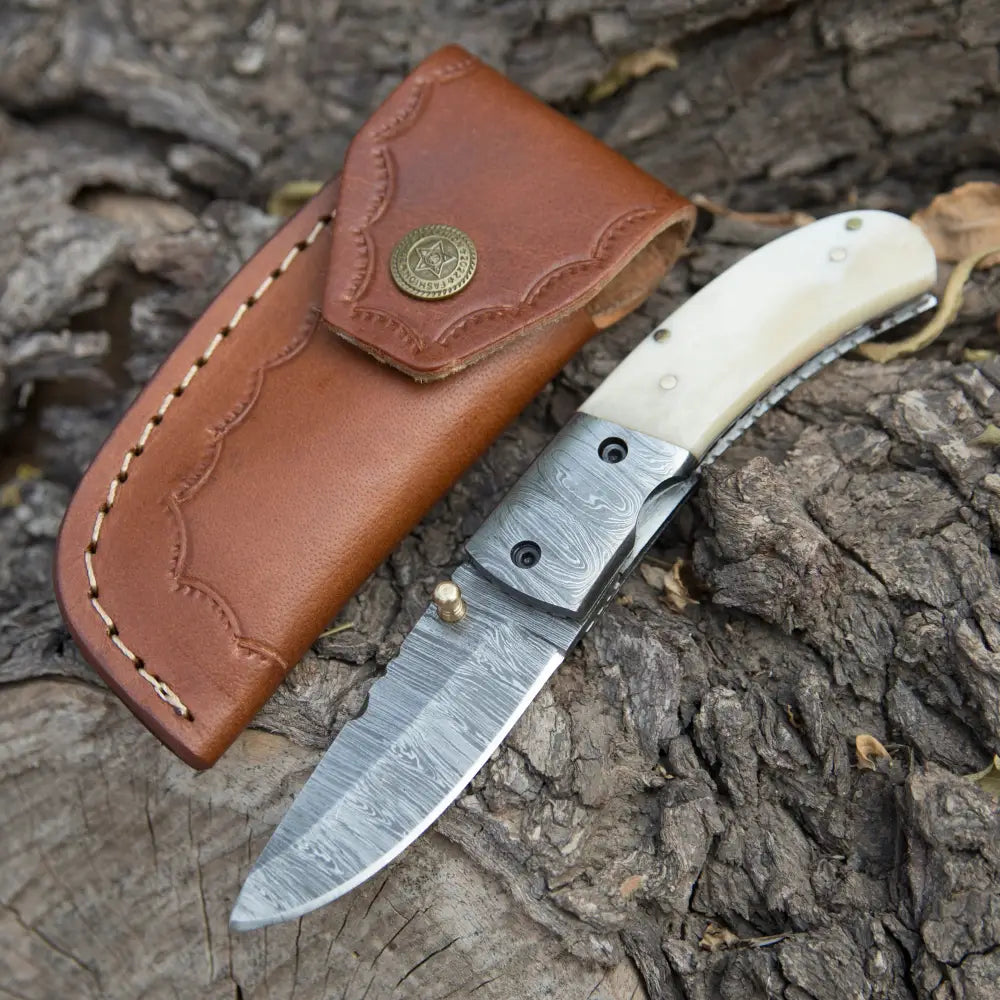 Custom Hand Forged Damascus Steel Camping Folding Knife With Damascus Bolster And Camel Bone Handle WH 3536