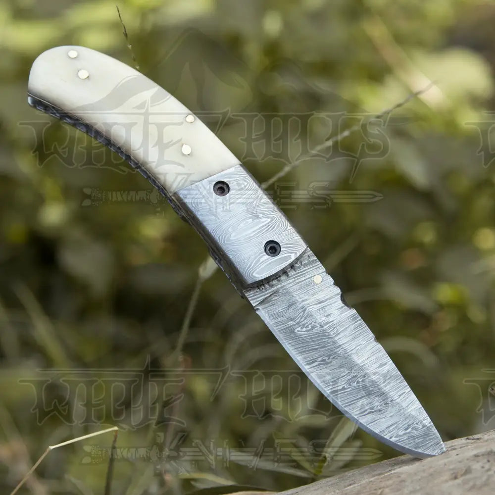 Custom Hand Forged Damascus Steel Hunting Folding Knife With Damascus Bolster & Camel Bone Handle WH 3536