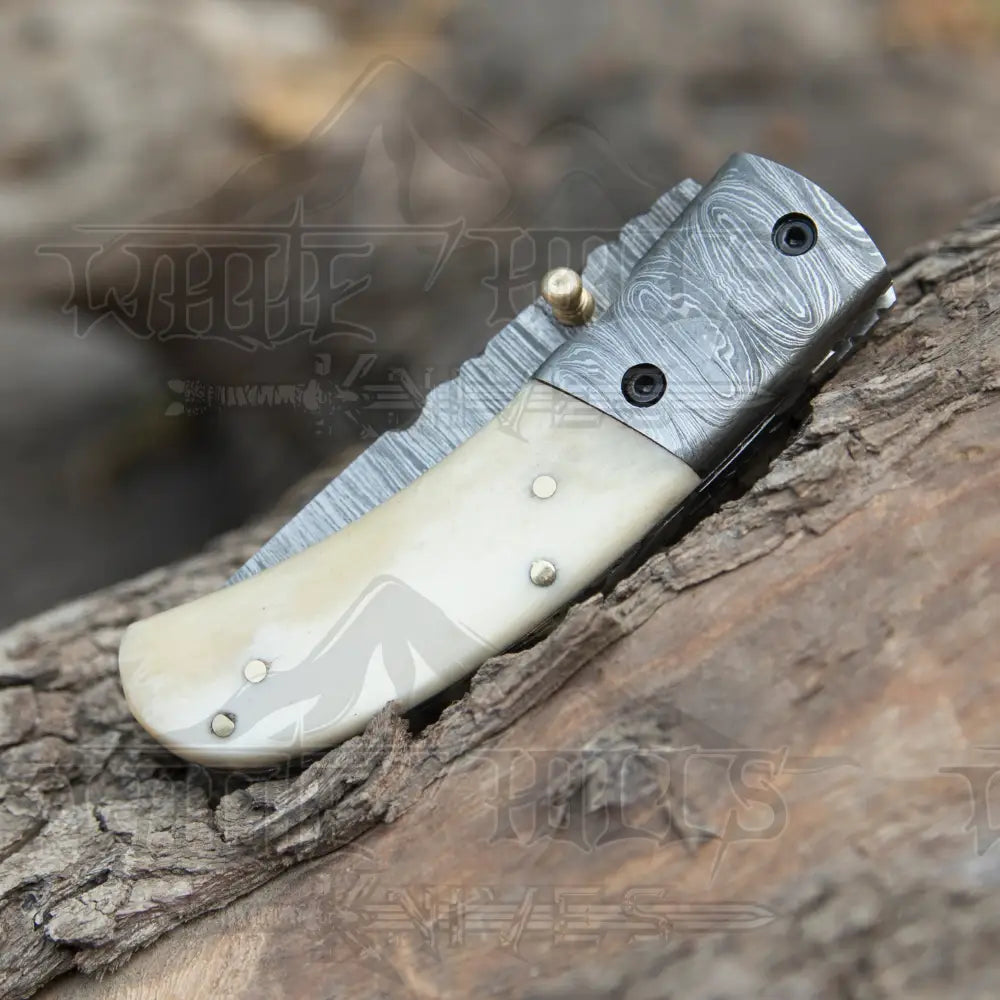 Custom Hand Forged Damascus Steel Camping Folding Knife With Damascus Bolster And Camel Bone Handle WH 3536