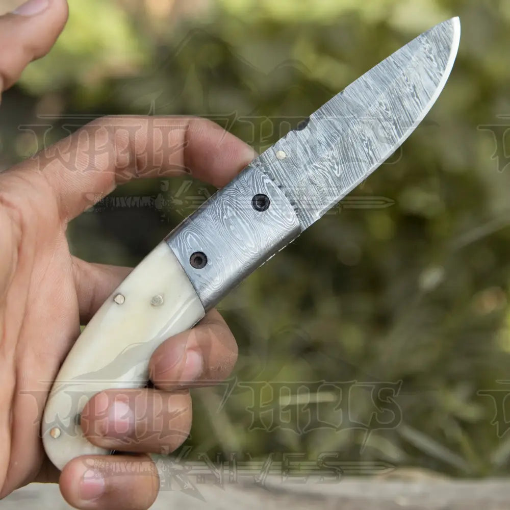 Custom Hand Forged Damascus Steel Camping Folding Knife With Damascus Bolster And Camel Bone Handle WH 3536