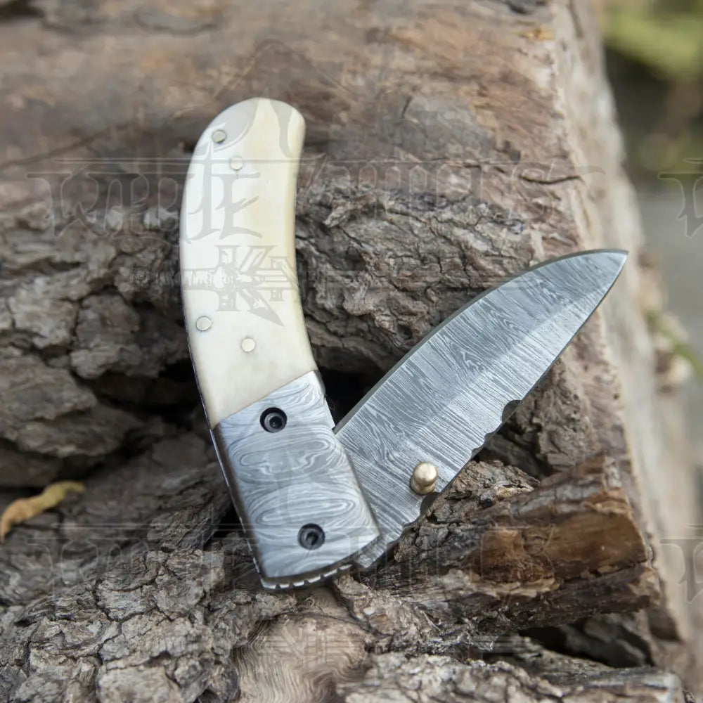 Custom Hand Forged Damascus Steel Camping Folding Knife With Damascus Bolster And Camel Bone Handle WH 3536