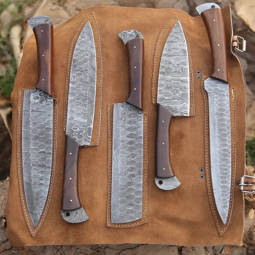 Custom Hand Made Forged Damascus Steel Chef Knife Set Kitchen Knives With Wood Handle WH 9009