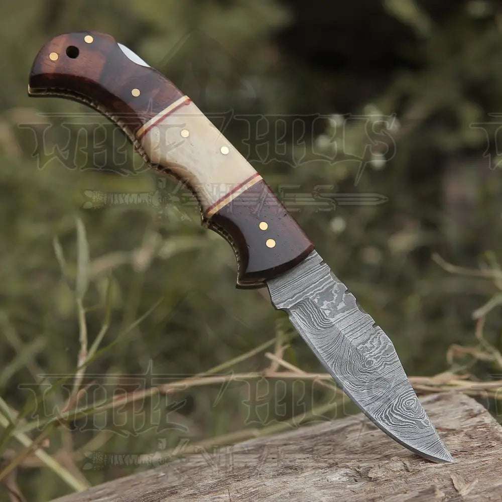 Custom Hand Made Forged Damascus Steel Folding Knife Wood & Bone Handle WH 2842