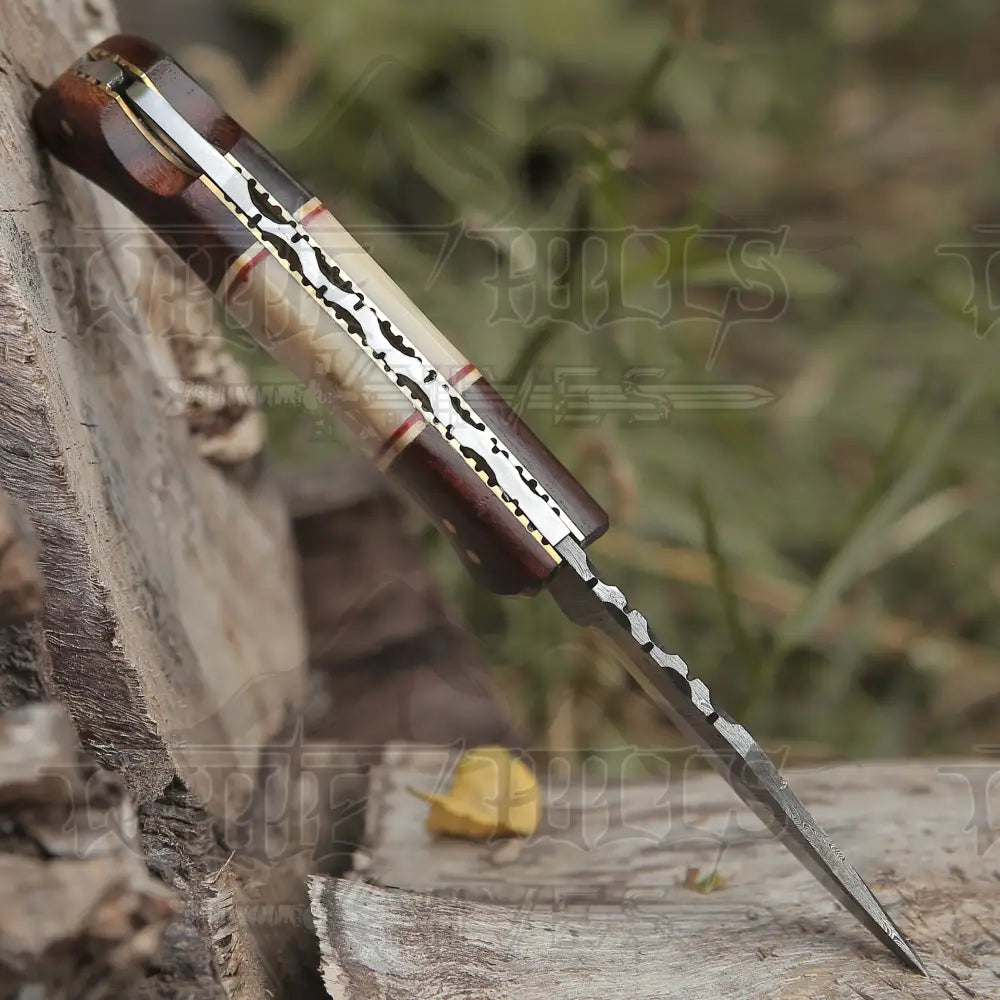 Custom Hand Made Forged Damascus Steel Folding Knife Wood & Bone Handle WH 2842