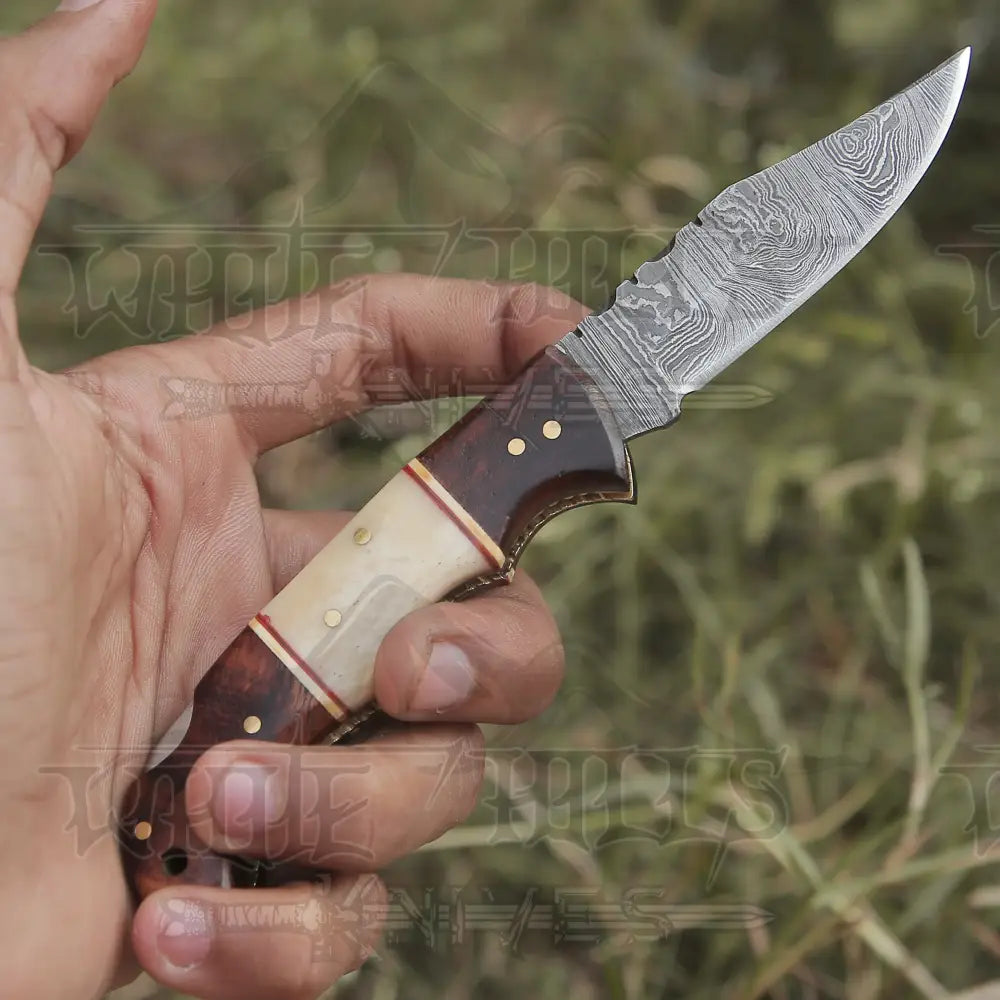 Custom Hand Made Forged Damascus Steel Folding Knife Wood & Bone Handle WH 2842